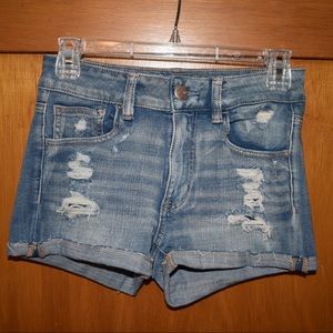 “hi-rise shortie” american eagle denim shorts